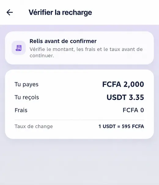 Écran Kora affichant montant, frais et taux
